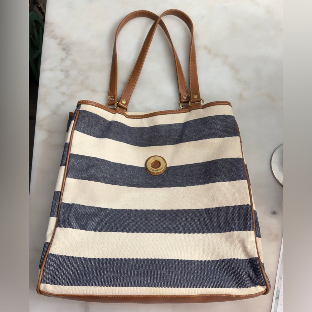 Vintage Capezio Blue and Cream Striped Tote with Leather Accents